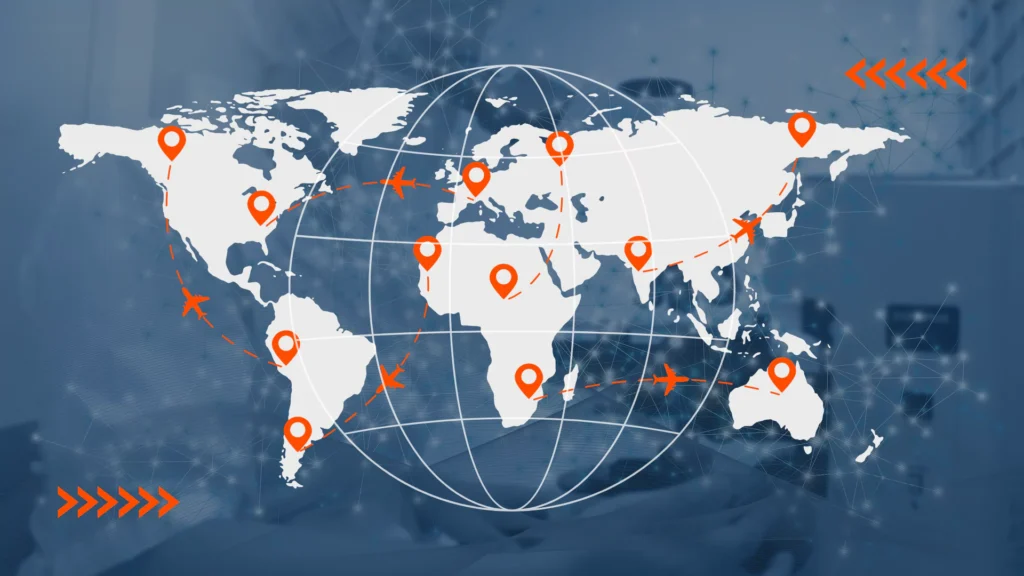 overlay graphical elements depicting world wide reach and global trade.