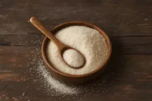 psyllium husk in a wooden bowl on a table.